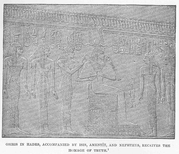 259.jpg Osikis in Hades, Accompanied by Isis, Ament�t,
And Nephthys, Receives the Homage of Truth. 1 
